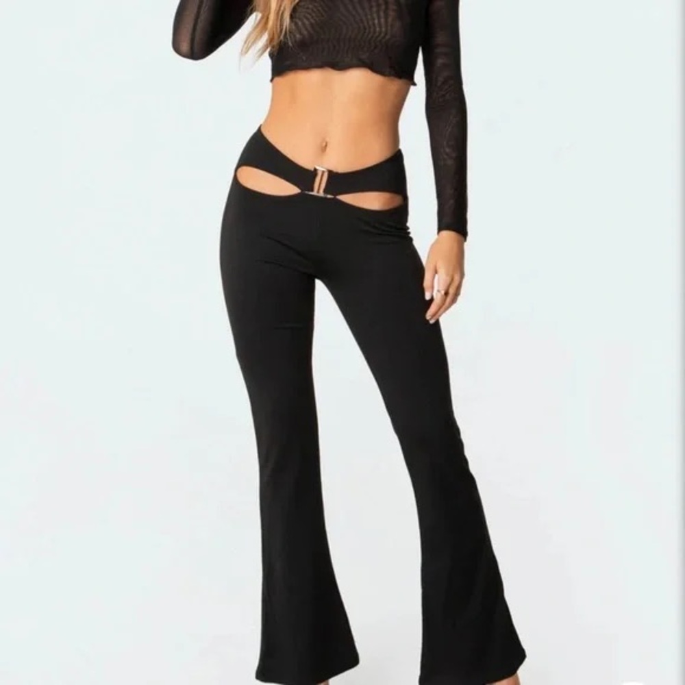 Edikted Soph Buckled Mid-Rise Cut Out Flare Pants in black